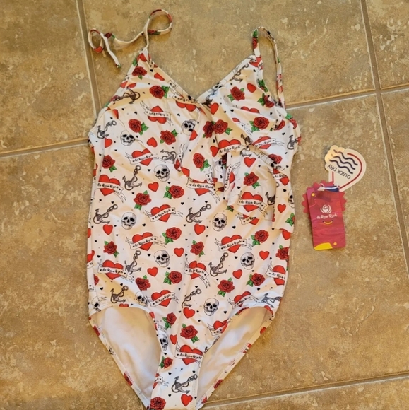 NWT As Rose Rich Floral Skull Ruffle One Piece Swimsuit Girl's Sz 14 - Picture 7 of 7